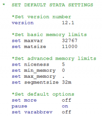 Sample of version, memory limits, and settings defined in the master do-file.